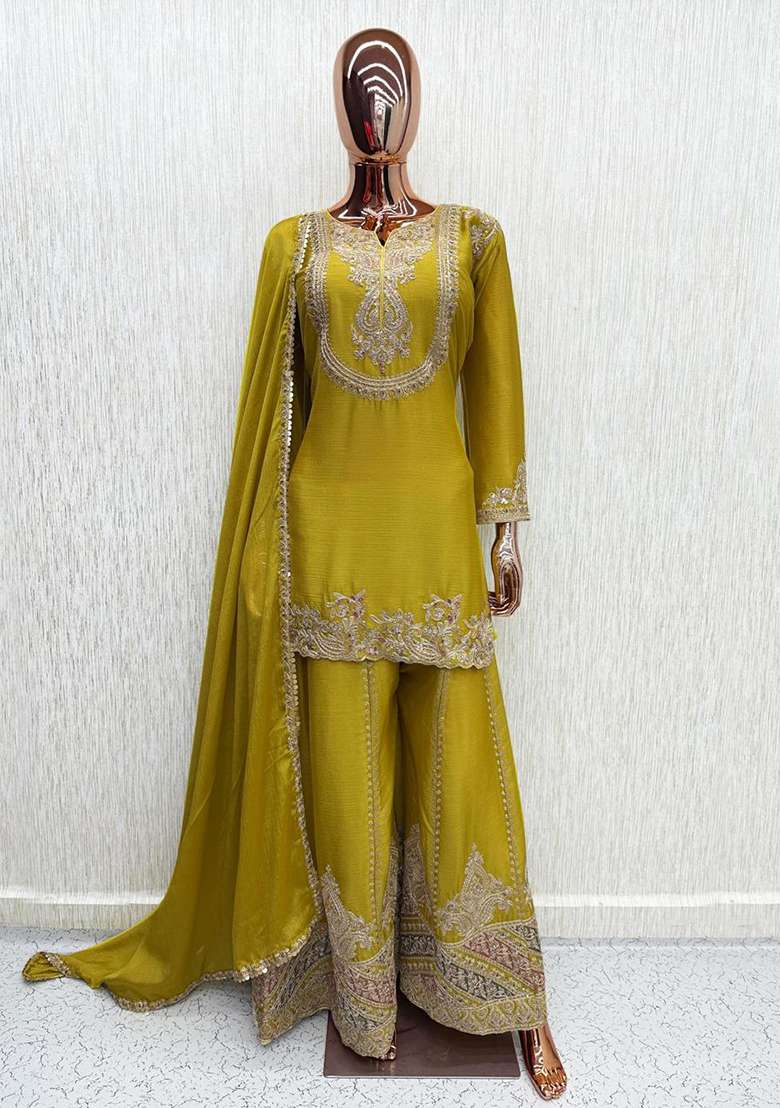Yellow Embroidery Silk Kurta Set - Indya
