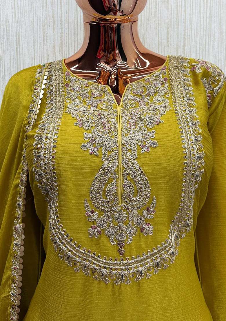 Yellow Embroidery Silk Kurta Set - Indya