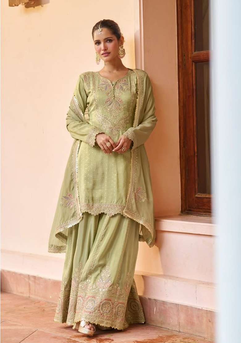 Light Green Embroidery Silk Kurta Set - Indya
