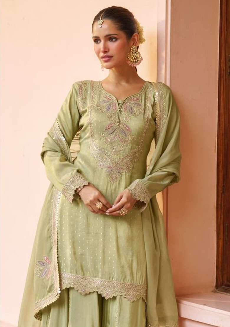 Light Green Embroidery Silk Kurta Set - Indya