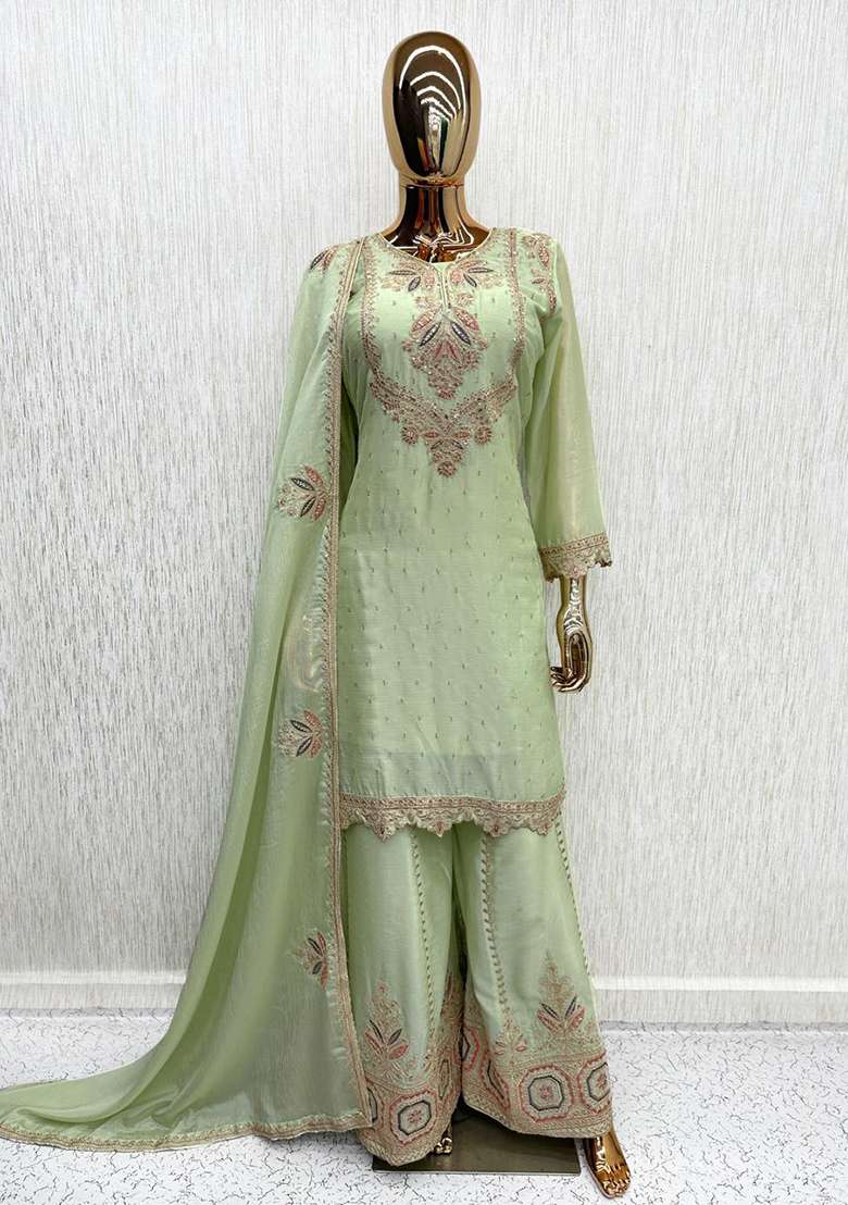 Light Green Embroidery Silk Kurta Set - Indya