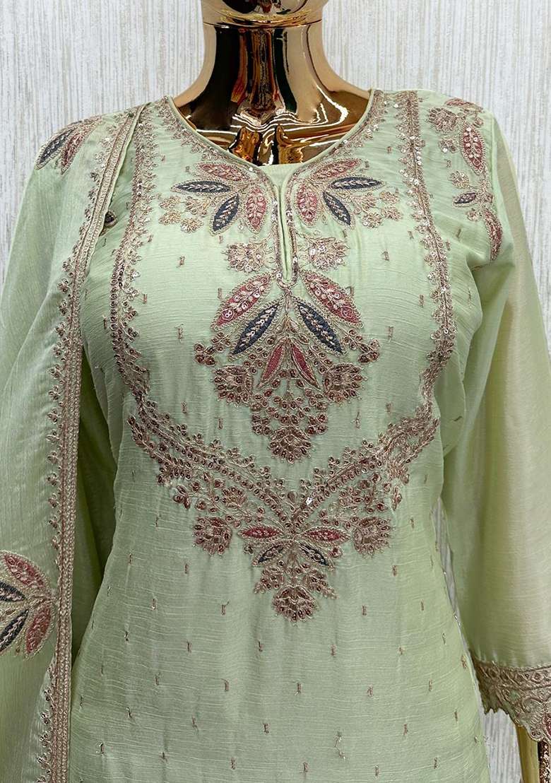 Light Green Embroidery Silk Kurta Set - Indya
