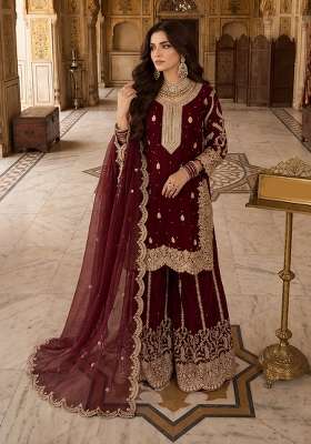 Maroon Embroidery Silk Kurta Set