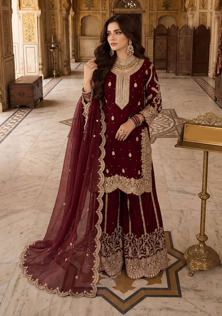 Maroon Embroidery Silk Kurta Set - Indya