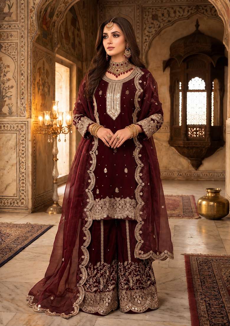 Maroon Embroidery Silk Kurta Set - Indya