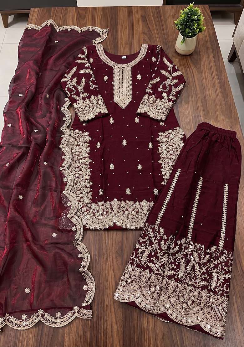Maroon Embroidery Silk Kurta Set - Indya