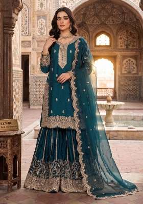 Teal Blue Embroidery Silk Kurta Set