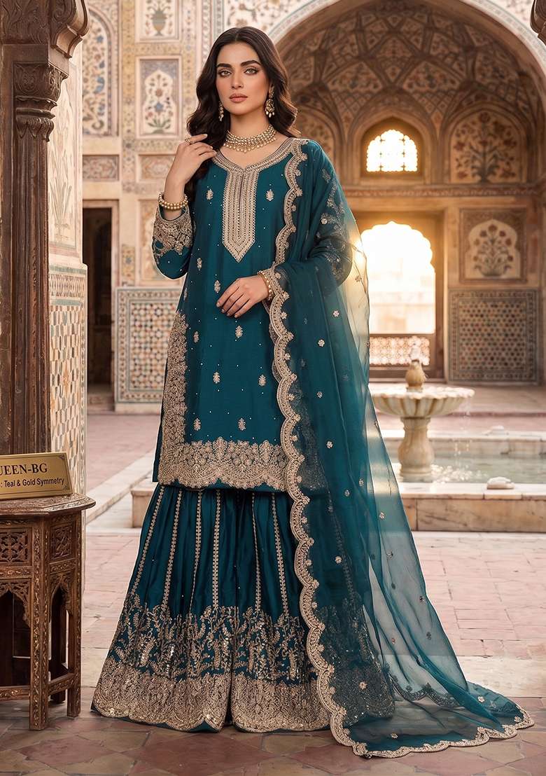 Teal Blue Embroidery Silk Kurta Set - Indya