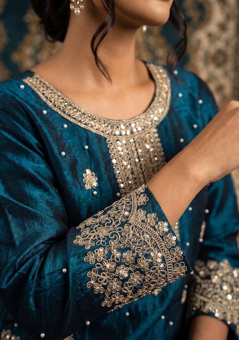 Teal Blue Embroidery Silk Kurta Set - Indya