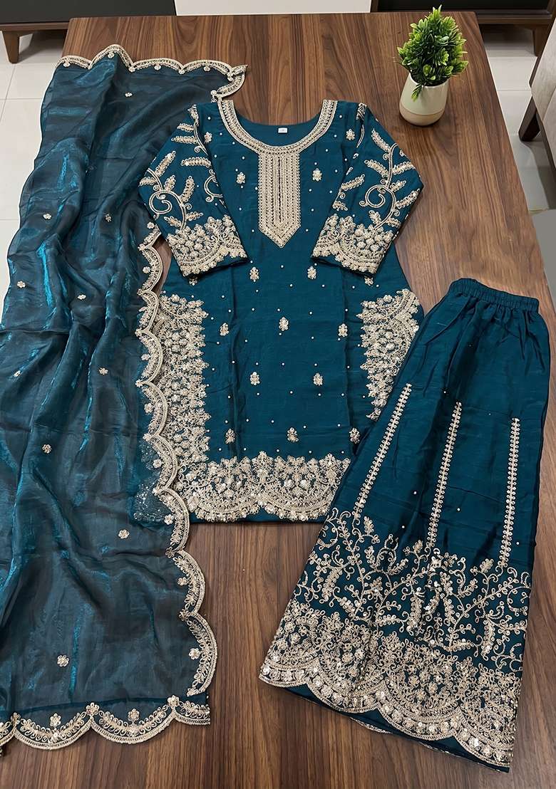 Teal Blue Embroidery Silk Kurta Set - Indya