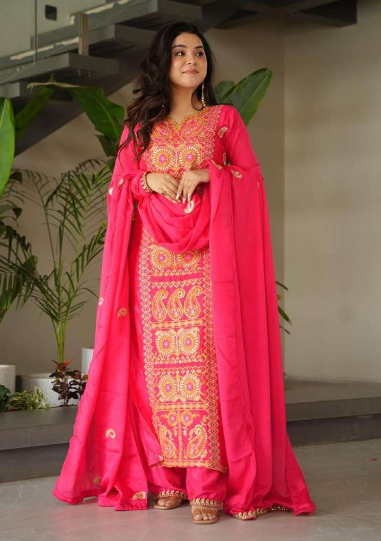 Rani Pink Embroidery Silk Kurta Set - Indya