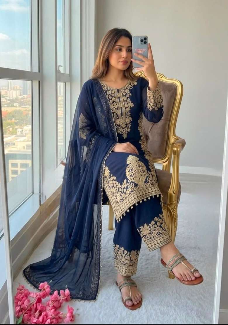 Navy Blue Embroidery Georgette Kurta Set - Indya
