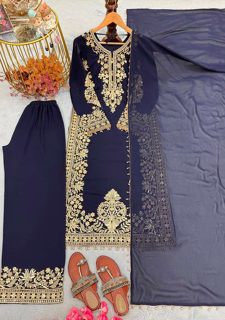 Navy Blue Embroidery Georgette Kurta Set - Indya