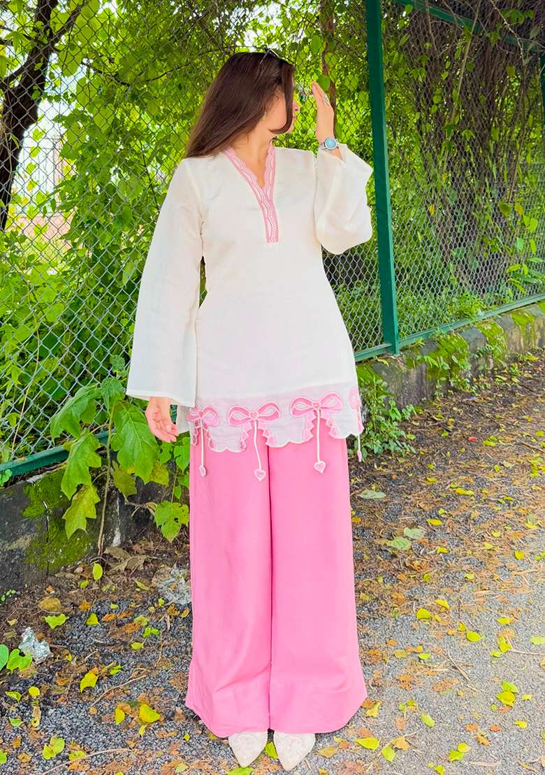 White Embroidery Silk Kurta Set - Indya