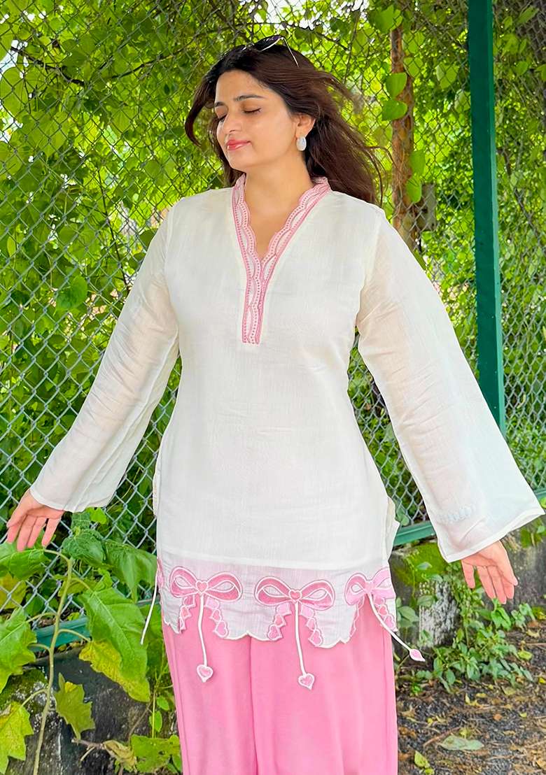 White Embroidery Silk Kurta Set - Indya