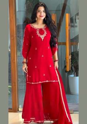 Red Embroidery Georgette Kurta Set