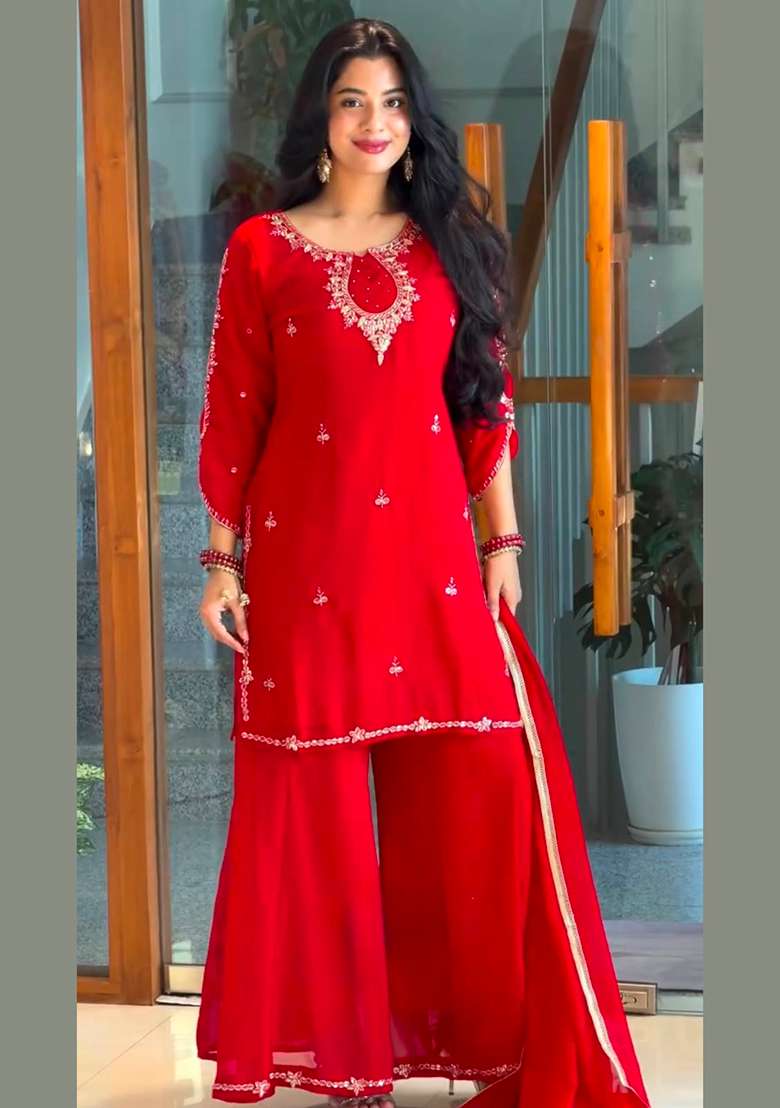 Red Embroidery Georgette Kurta Set - Indya