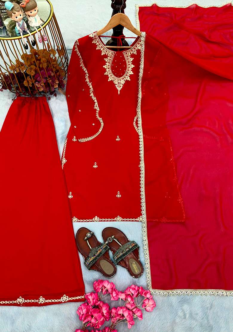 Red Embroidery Georgette Kurta Set - Indya