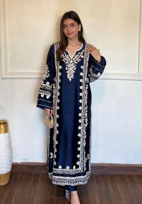Dark Navy Blue Embroidery Satin Kurta Set