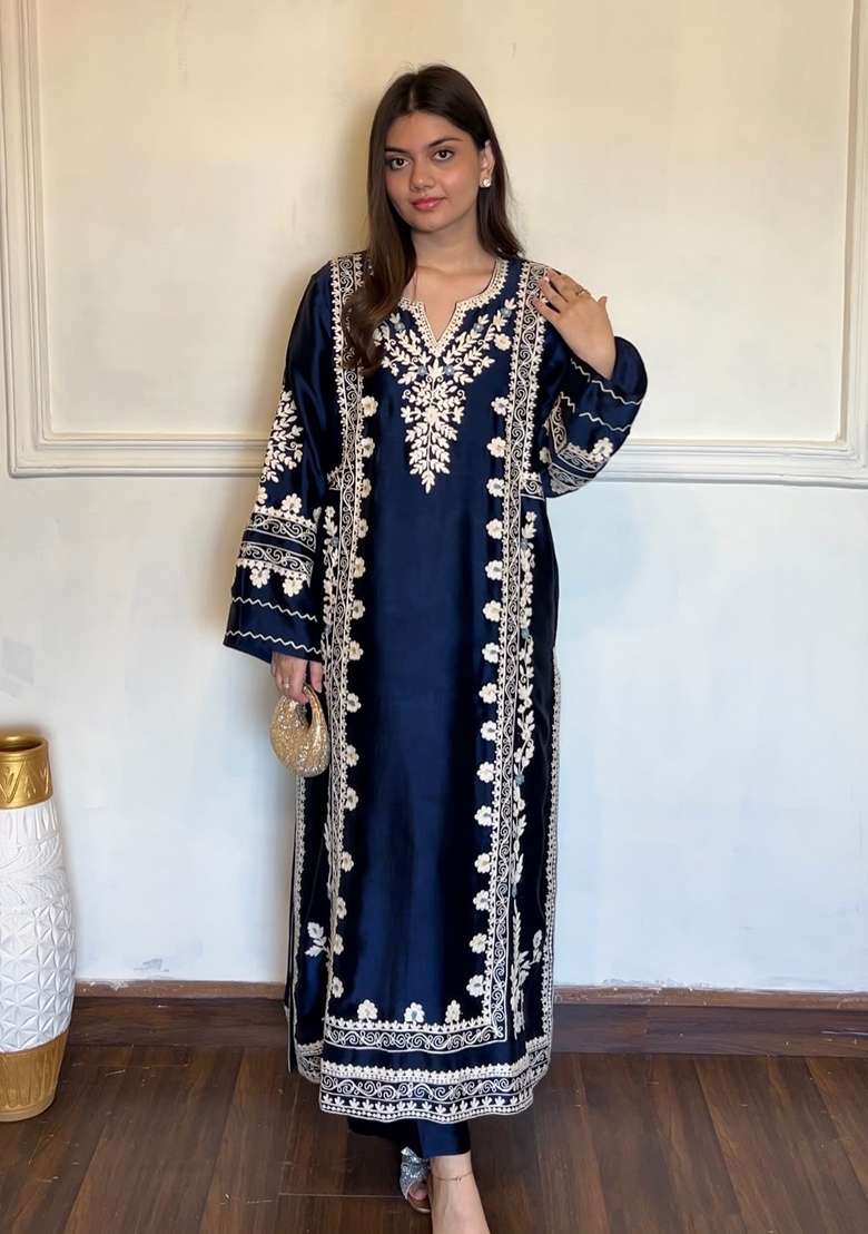 Dark Navy Blue Embroidery Satin Kurta Set - Indya