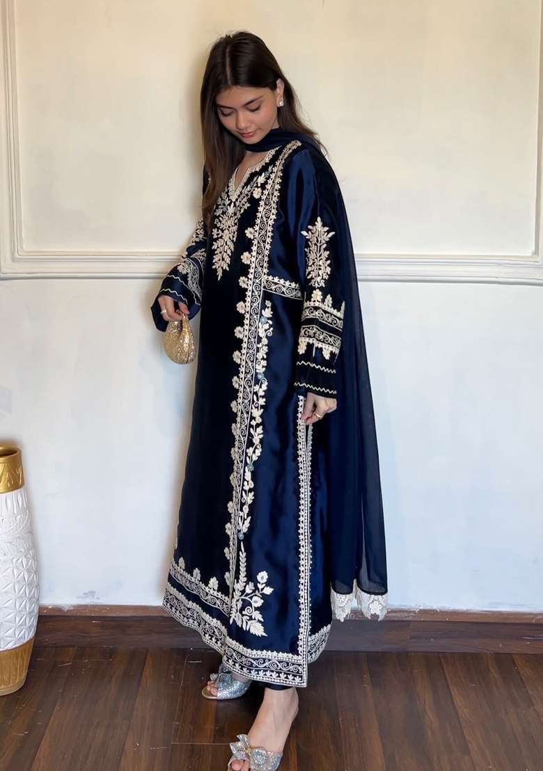 Dark Navy Blue Embroidery Satin Kurta Set - Indya