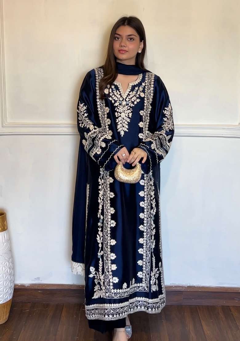 Dark Navy Blue Embroidery Satin Kurta Set - Indya