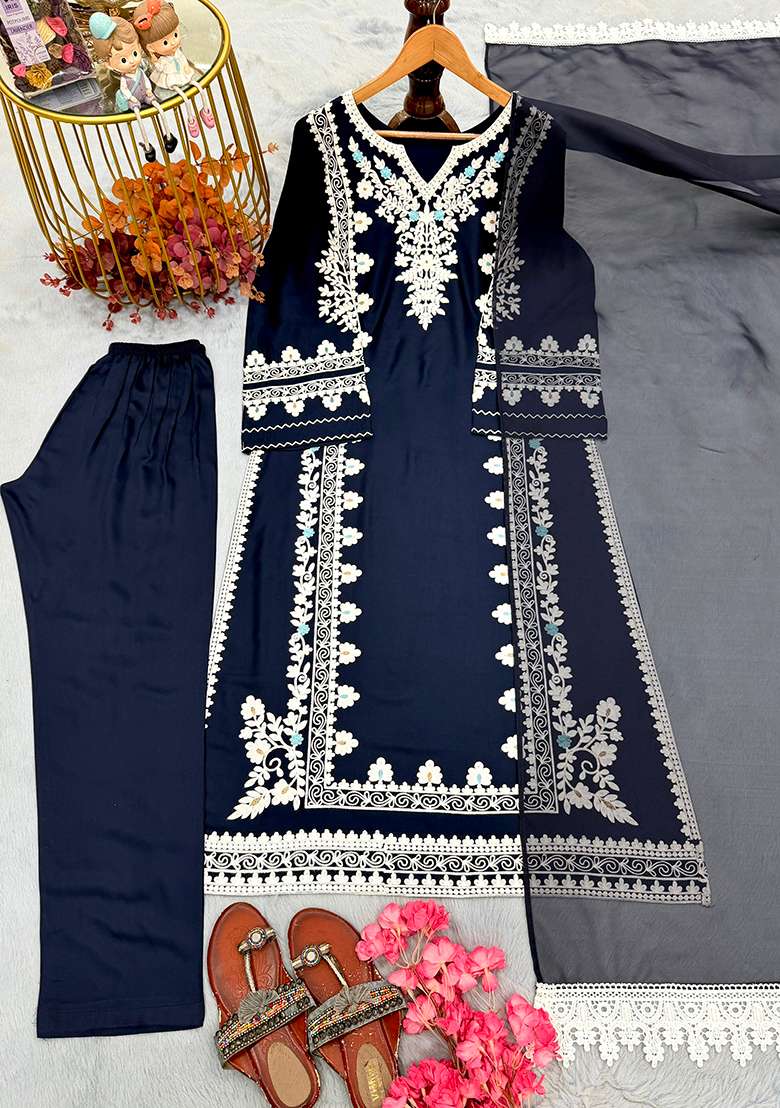 Dark Navy Blue Embroidery Satin Kurta Set - Indya