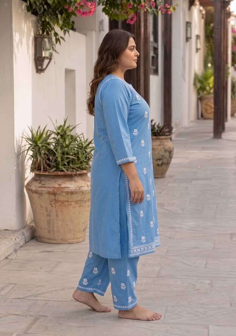 Blue Embroidery Cotton Kurta Set - Indya