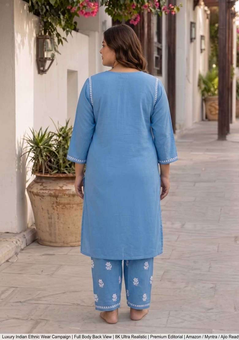 Blue Embroidery Cotton Kurta Set - Indya