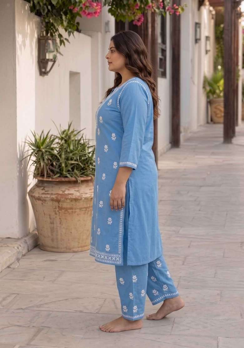 Blue Embroidery Cotton Kurta Set - Indya