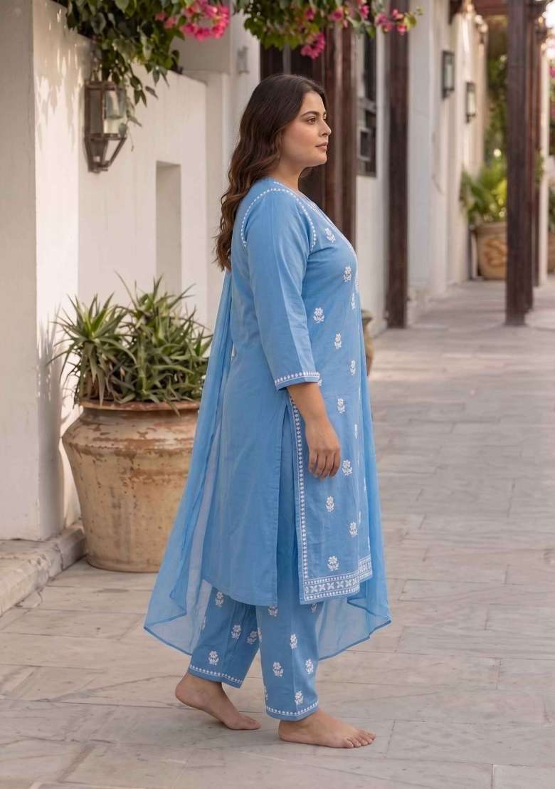 Blue Embroidery Cotton Suit Set - Indya