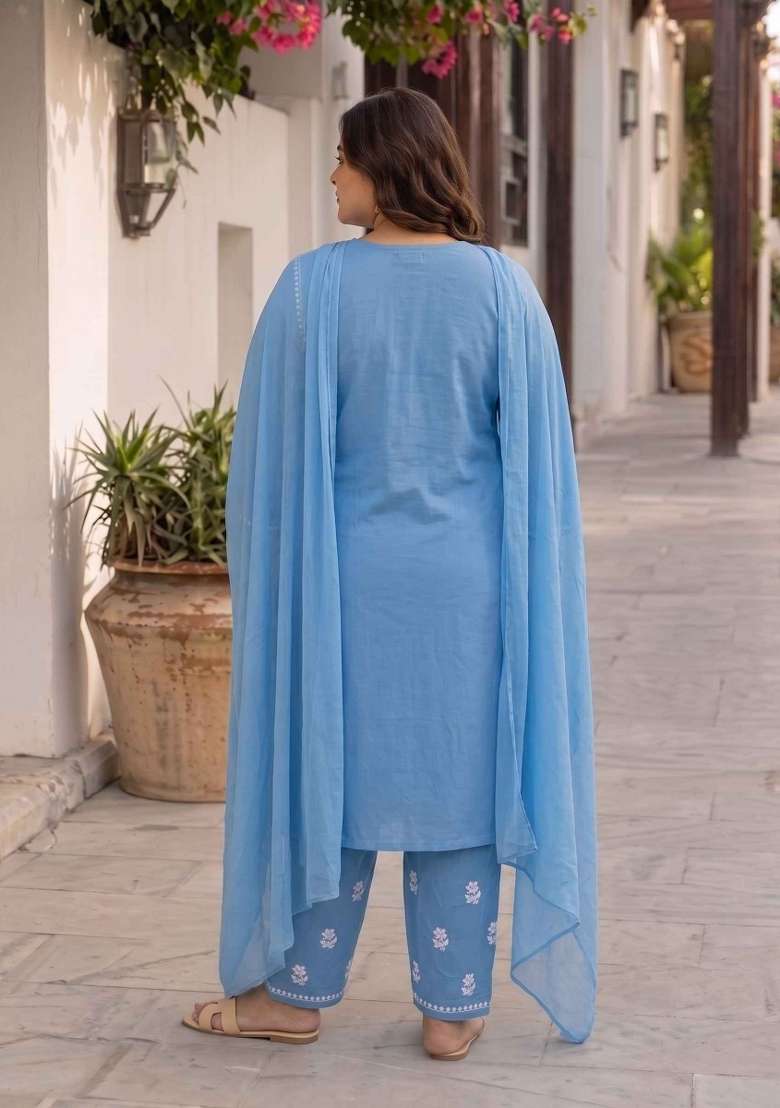 Blue Embroidery Cotton Suit Set - Indya
