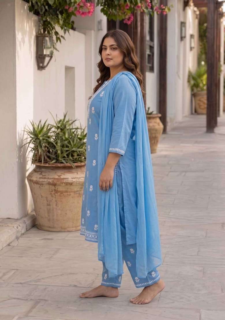 Blue Embroidery Cotton Suit Set - Indya