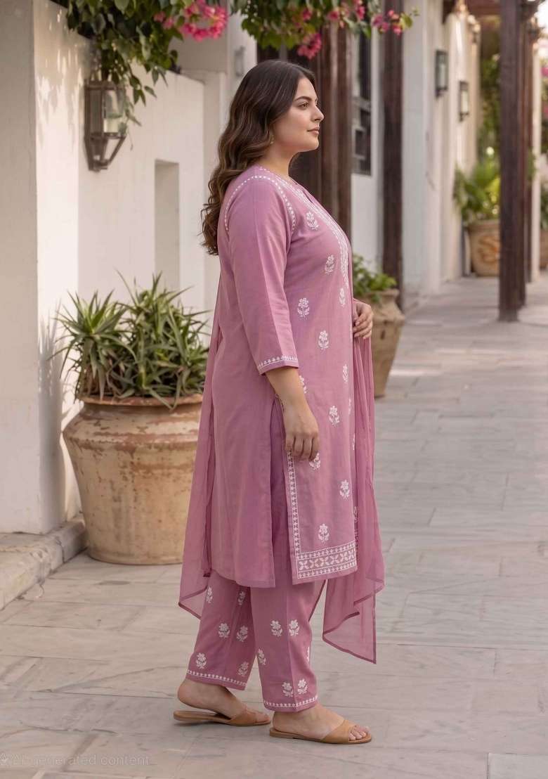 Pink Embroidery Cotton Suit Set - Indya