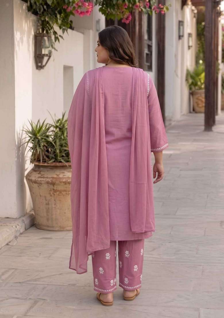 Pink Embroidery Cotton Suit Set - Indya