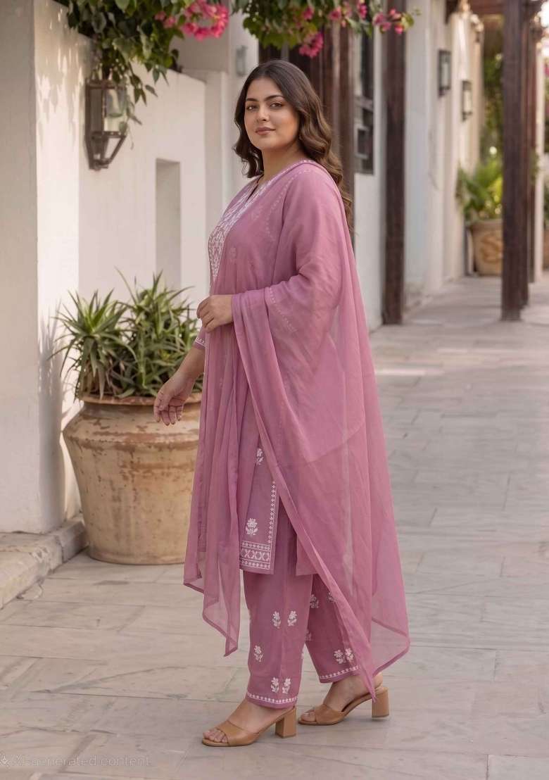 Pink Embroidery Cotton Suit Set - Indya