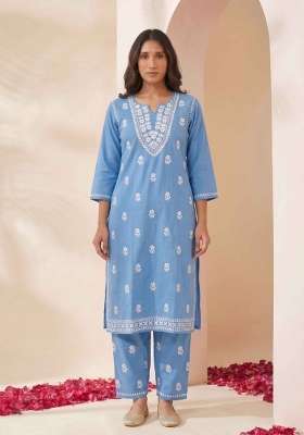 Blue Embroidery Cotton Kurta Set
