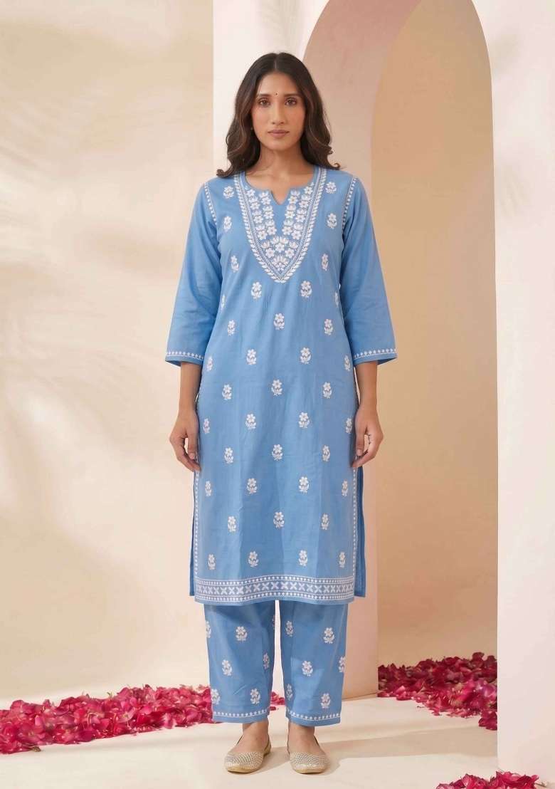 Blue Embroidery Cotton Kurta Set - Indya