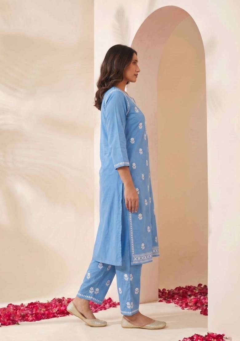 Blue Embroidery Cotton Kurta Set - Indya