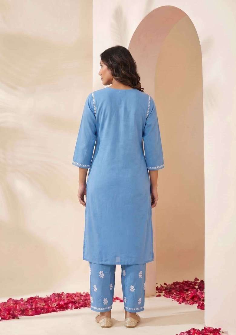 Blue Embroidery Cotton Kurta Set - Indya