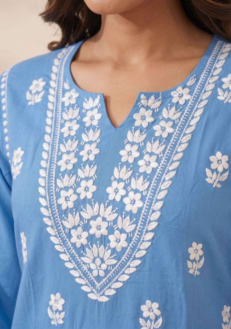 Blue Embroidery Cotton Kurta Set - Indya