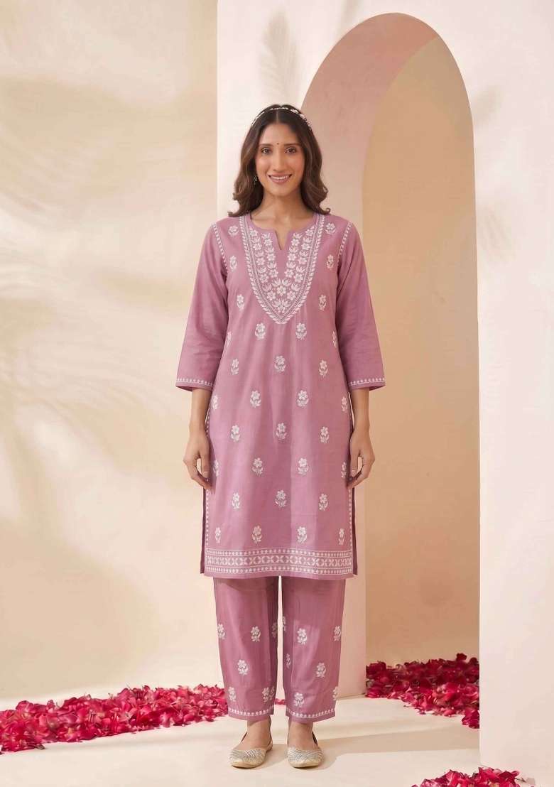Pink Embroidery Cotton Kurta Set - Indya