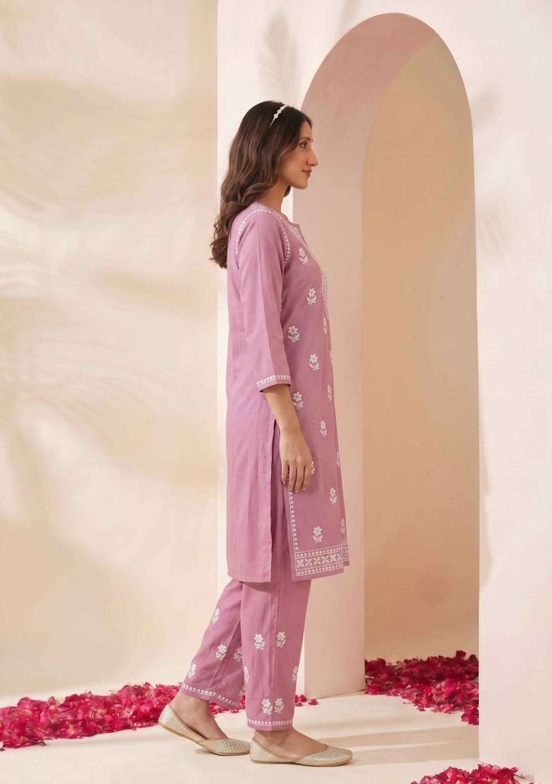 Pink Embroidery Cotton Kurta Set - Indya
