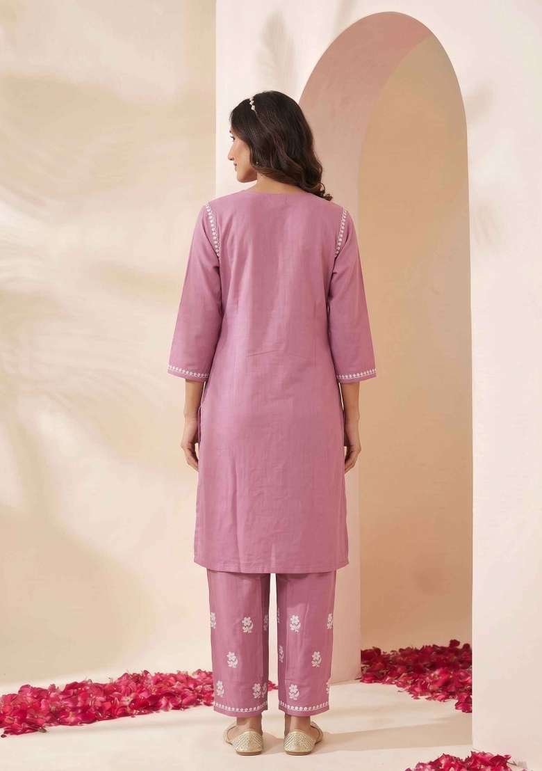 Pink Embroidery Cotton Kurta Set - Indya