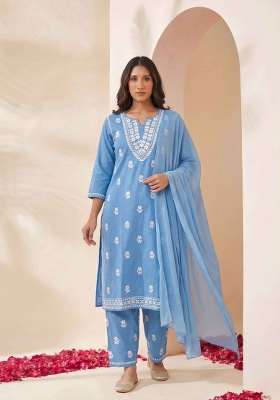 Blue Embroidery Cotton Suit Set