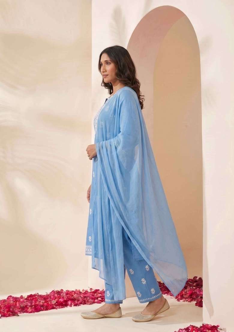 Blue Embroidery Cotton Suit Set - Indya