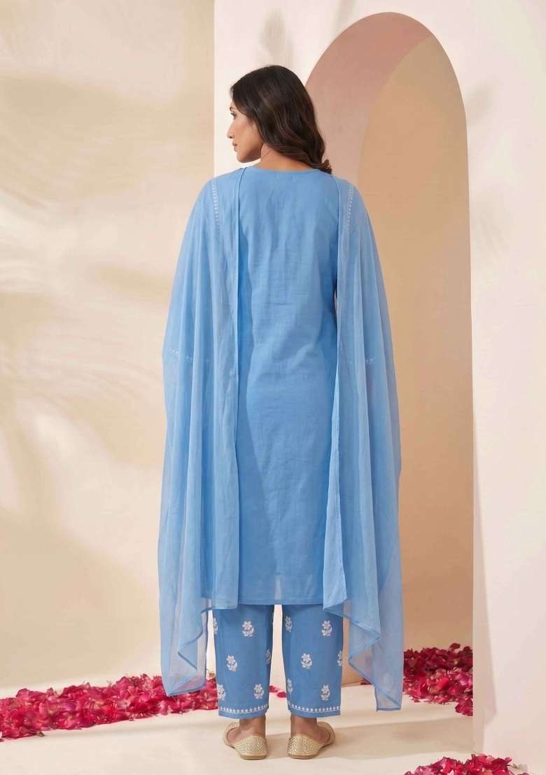 Blue Embroidery Cotton Suit Set - Indya