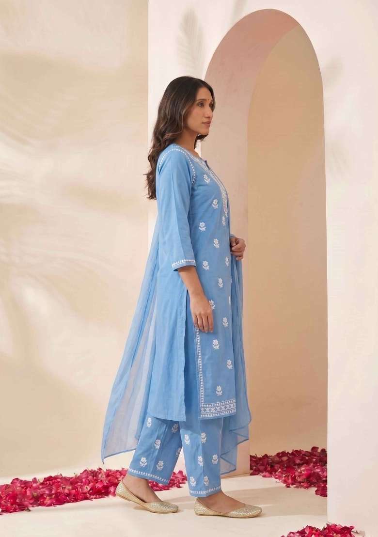 Blue Embroidery Cotton Suit Set - Indya