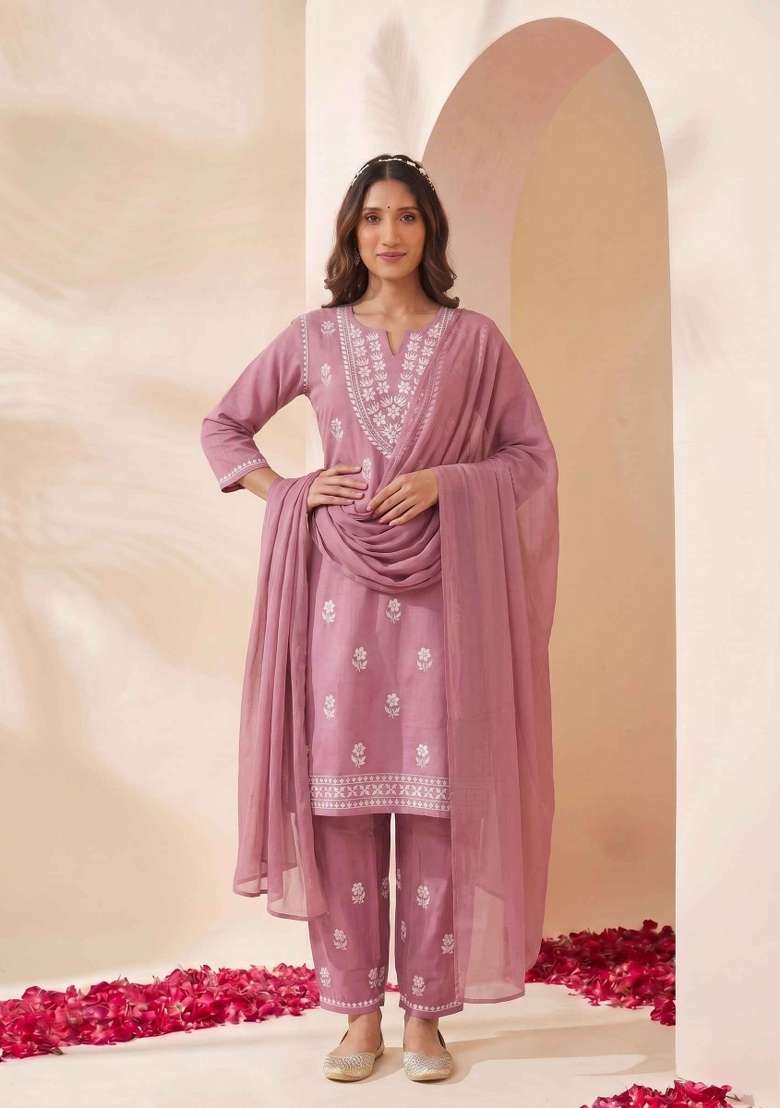 Pink Embroidery Cotton Suit Set - Indya