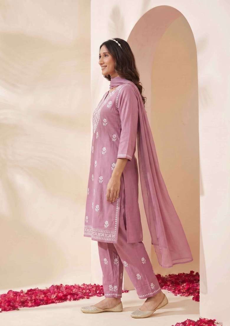 Pink Embroidery Cotton Suit Set - Indya